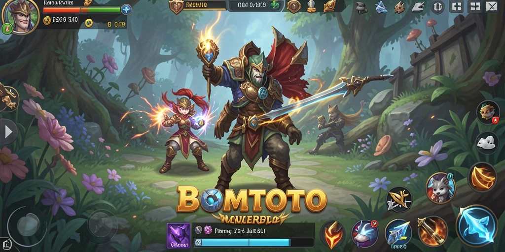 Screenshot utama dari gameplay BOMTOTO menunjukkan karakter dalam pertarungan epik.