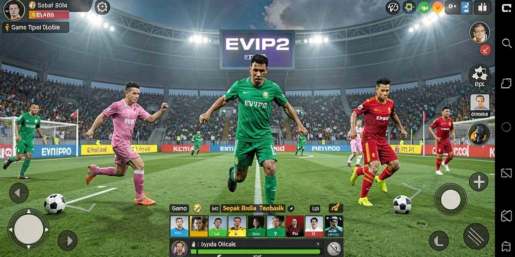 Tampilan gameplay mendebarkan dalam EVIP2 dengan aksi sepak bola intens.
