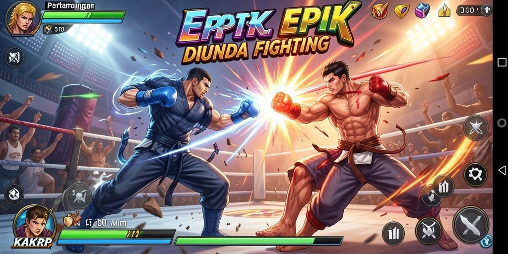 Screenshot utama KAKRP menampilkan aksi pertarungan yang seru dan dinamis.
