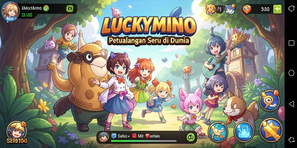 Tampak permainan <strong>LUCKYMINO</strong> yang penuh warna dengan karakter anime ikonik.