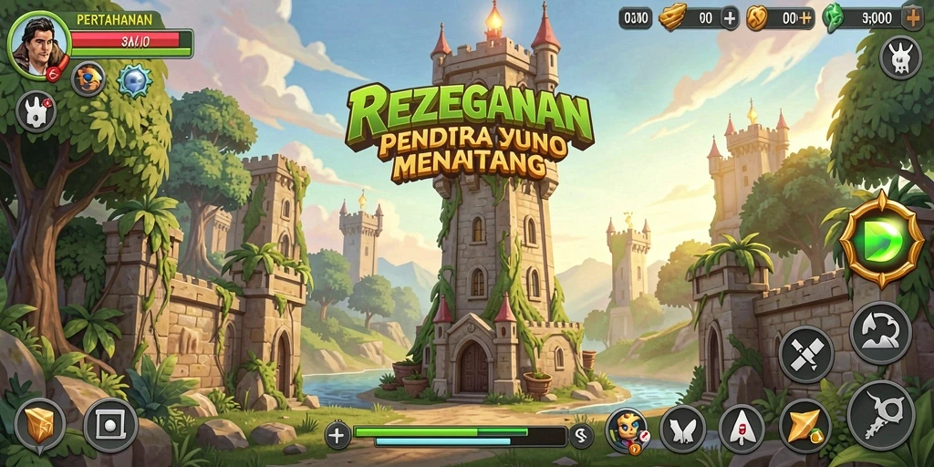 Tampilan gameplay Tower Defense yang menarik dengan menara dan monster.