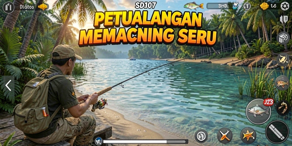 Screenshot gameplay SD107 yang menampilkan aksi memancing yang seru.